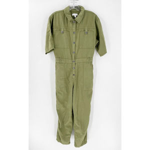 Topshop Linen Blend Button Front Jumpsuit Green